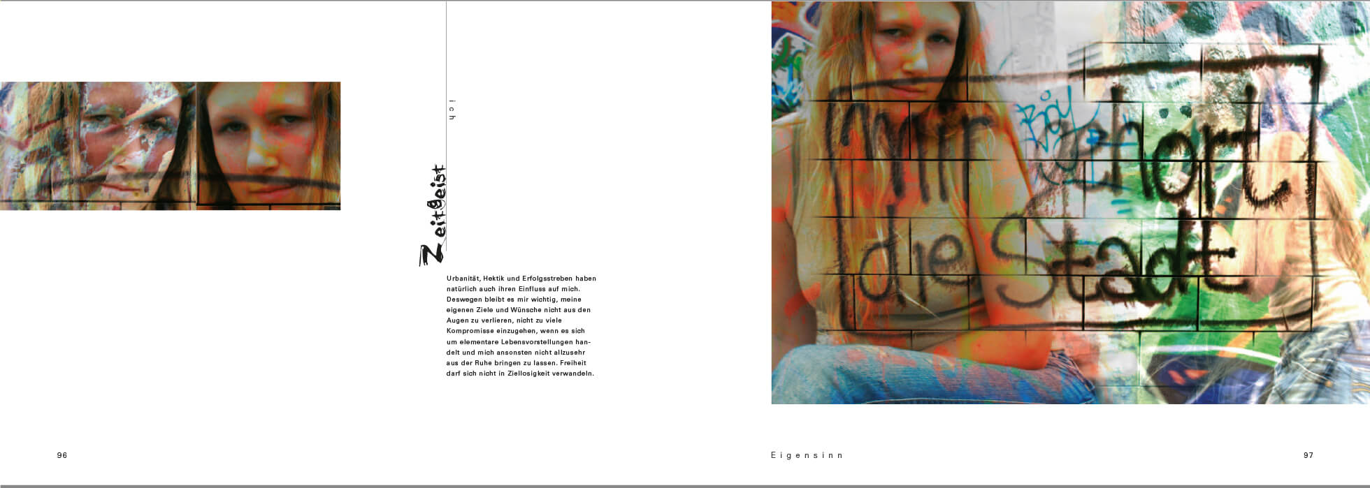 Buch "Lebenlinien", Doppelseite Jasmin zu Hause, aus Diplom "Gestalterisches Bezugsfeld"