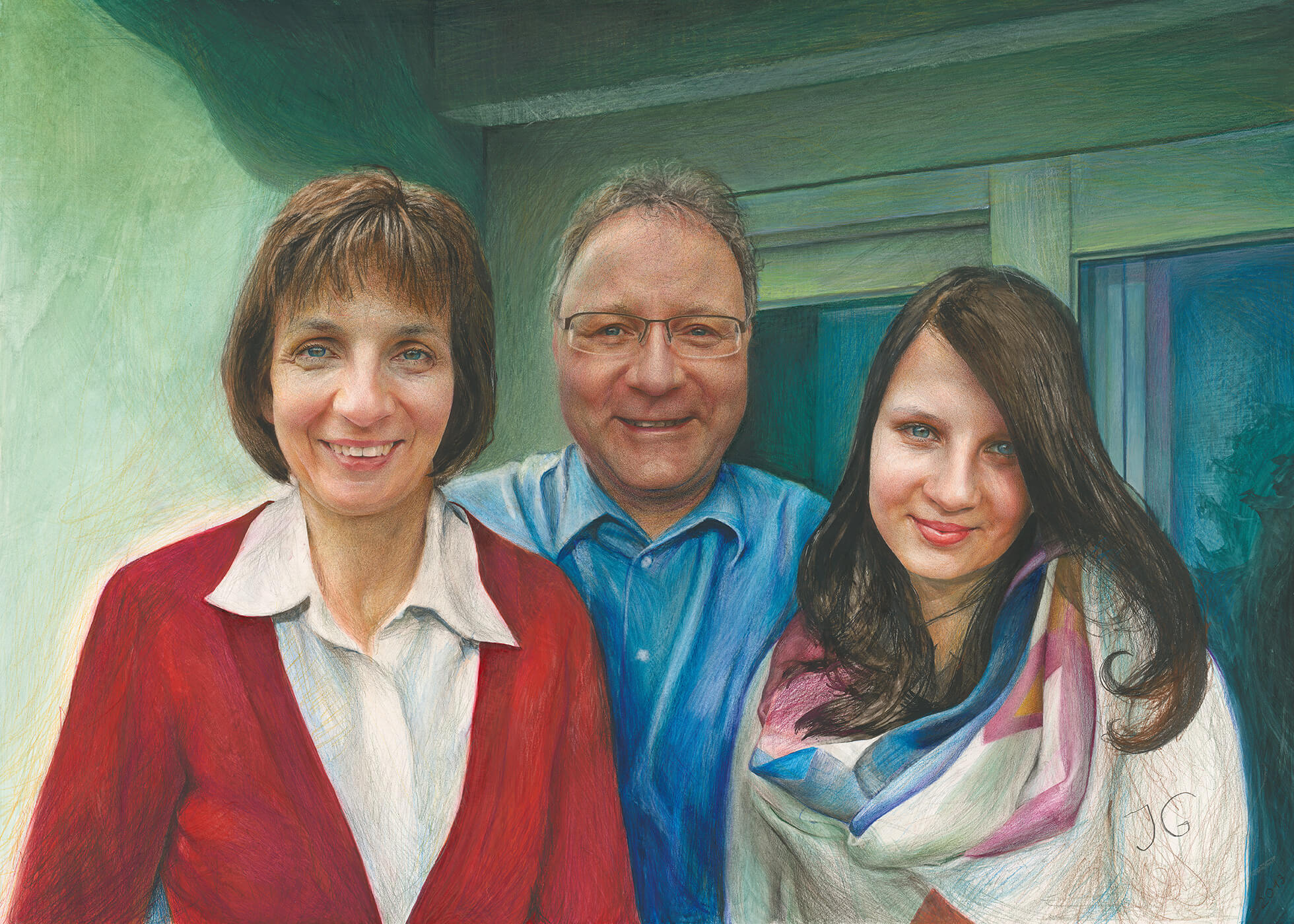 Familienportrait mit Farbstiften und Aquarellfarbe, 2013, Auftragsarbeit